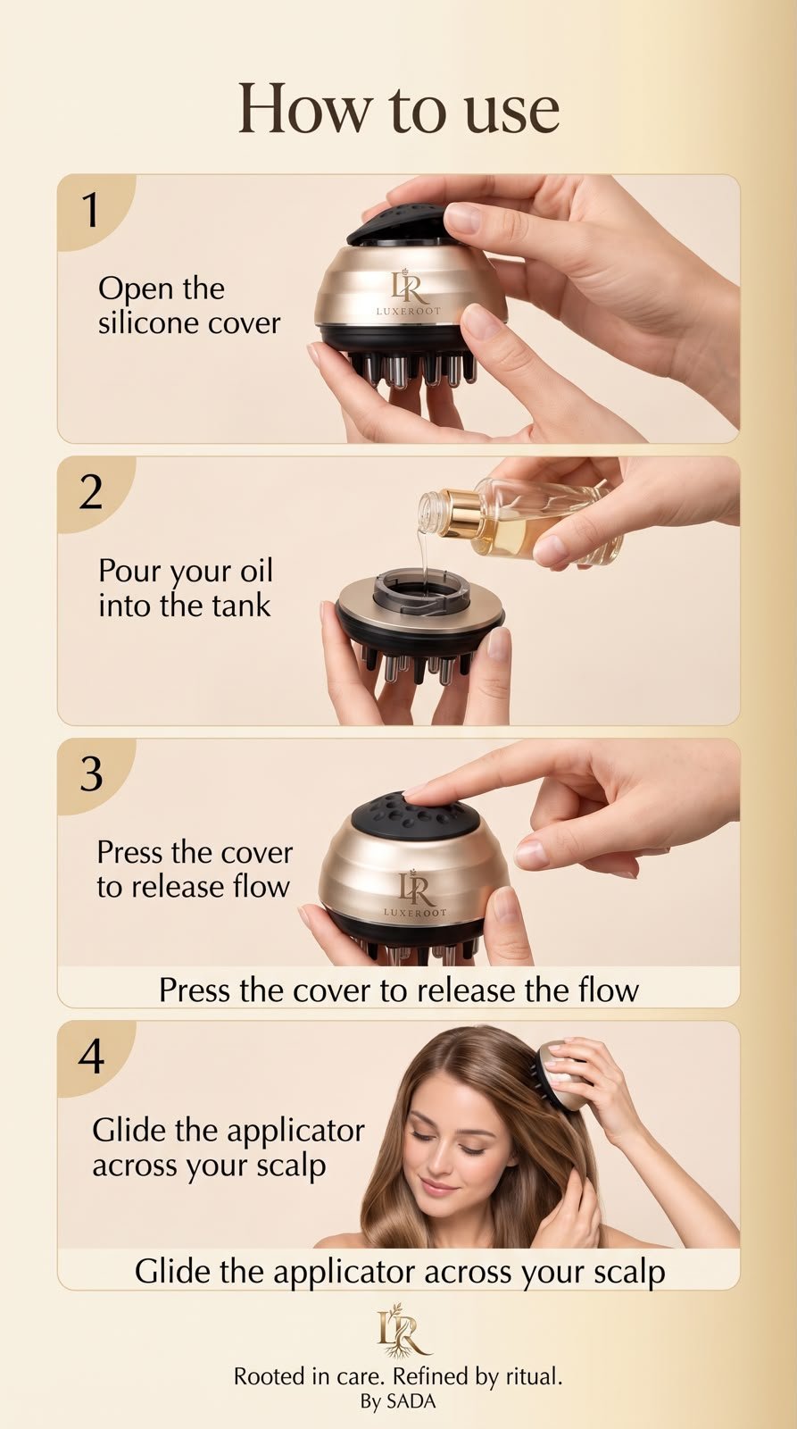 Four illustrated steps for using the LUXEROOT scalp applicator